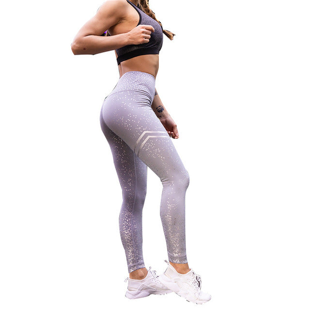 LAISIYI Women Leggings No Transparent Metallic Foil Print Leggings Exercise Fitness